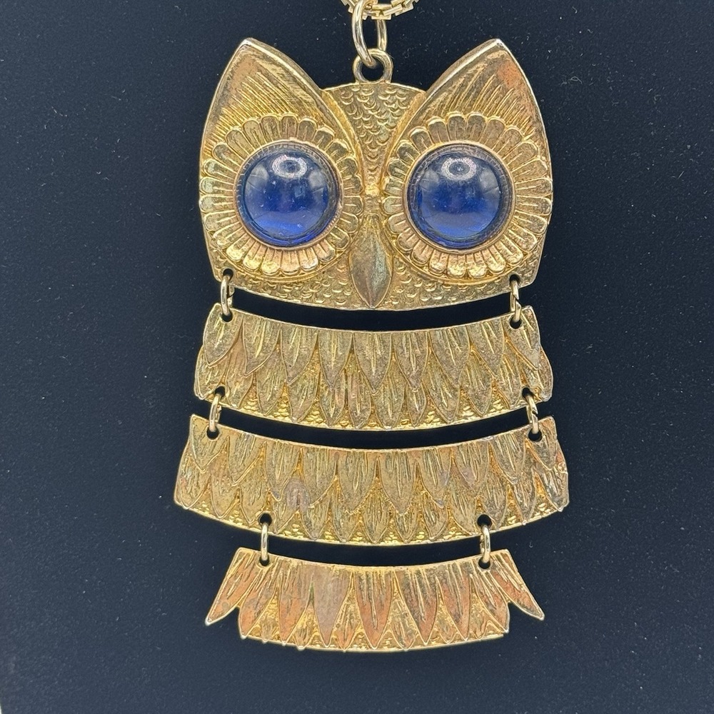 Vintage Articulated Owl Pendant Necklace Gold Tone Blue Cabochon Boho